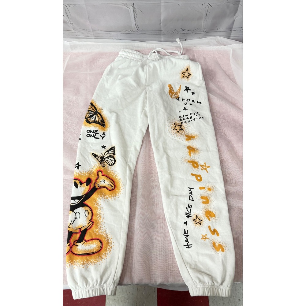 Disney Mickey Mouse Graphic Sweatpants White XS Happiness Butterfly Joggers